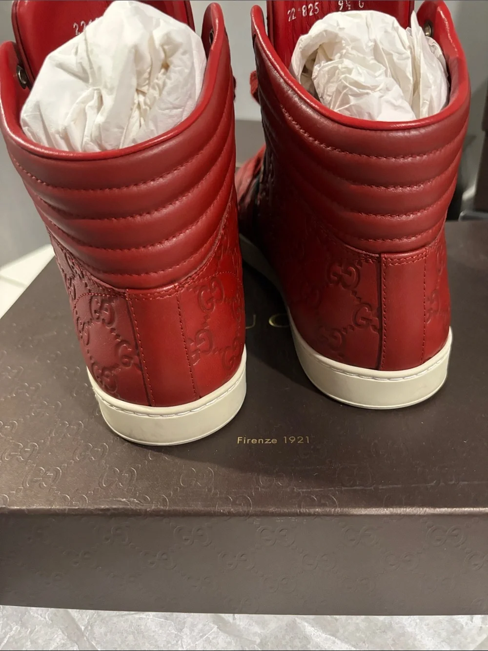 Gucci Red High-Top Leather Men’s Sneakers with Web Stripe